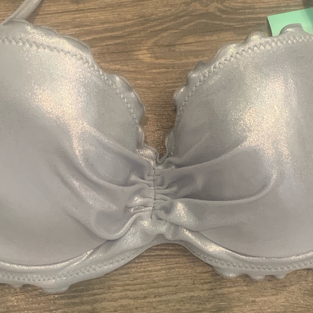NWT SunDazed Nixie Silver Metallic Bikini Top Bra Sized 32C 32D or 34C Halter - Picture 3 of 8